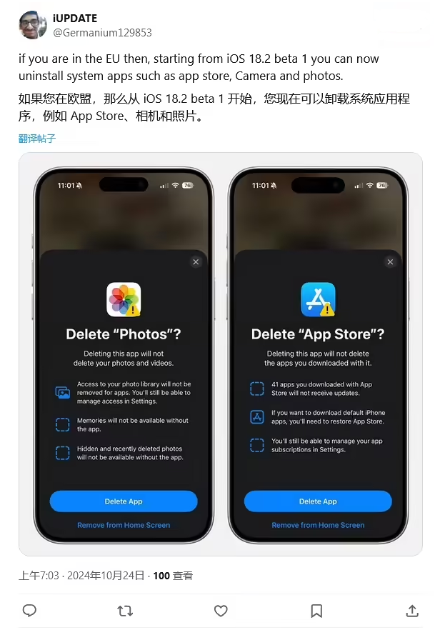 贵阳苹果手机维修分享iOS 18.2 支持删除 App Store 应用商店 